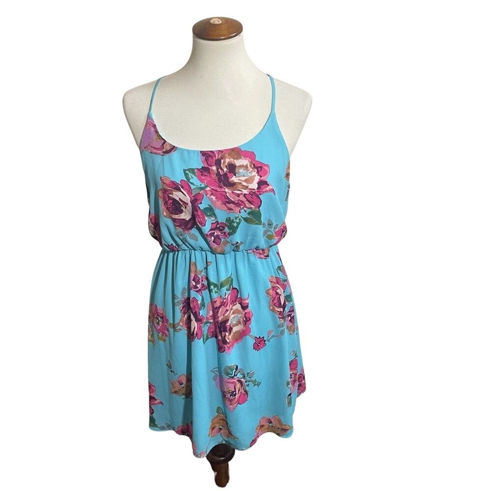 Everly Dress Womens M Blue Floral Halter Mini Sundress Boho Sleeveless USA